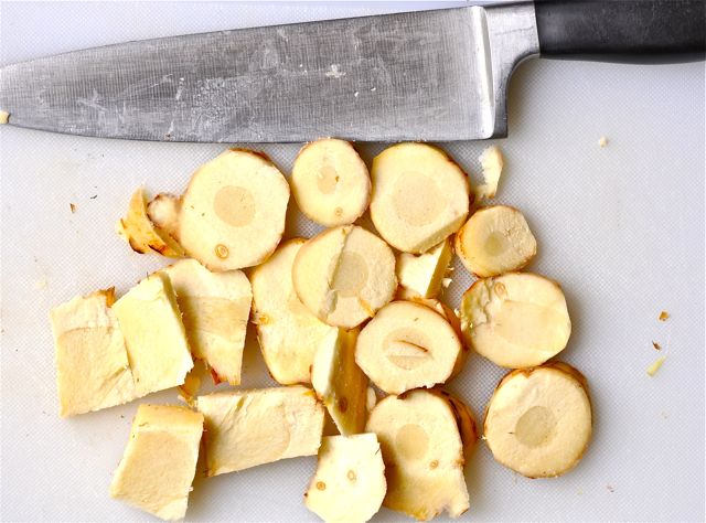 Prepped galangal coins ready for making soup.